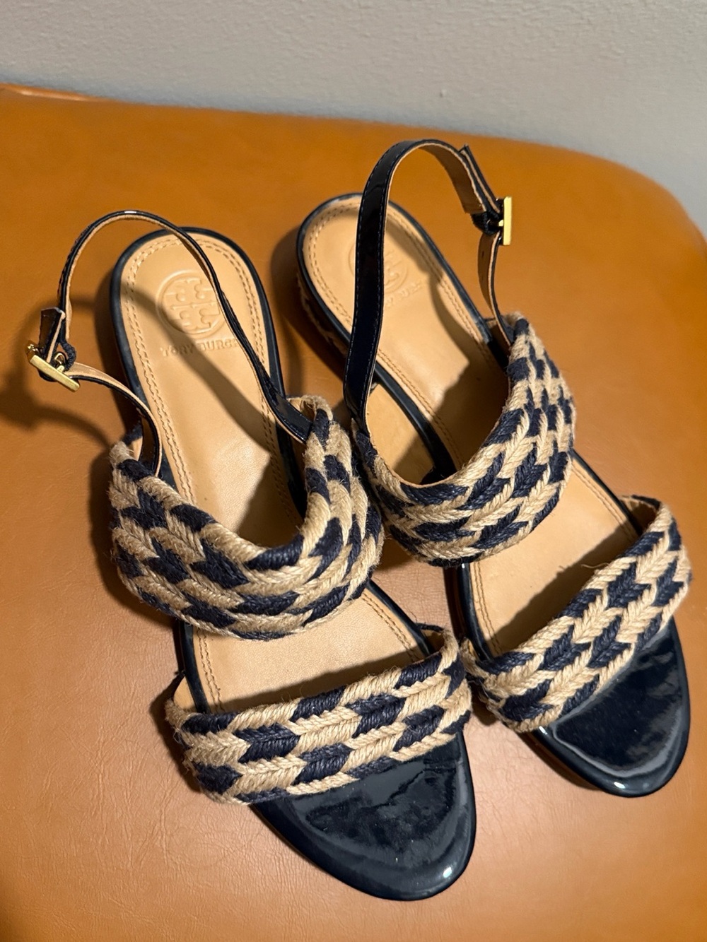 Tory Burch Braided Navy and Natural Slingback Sandals